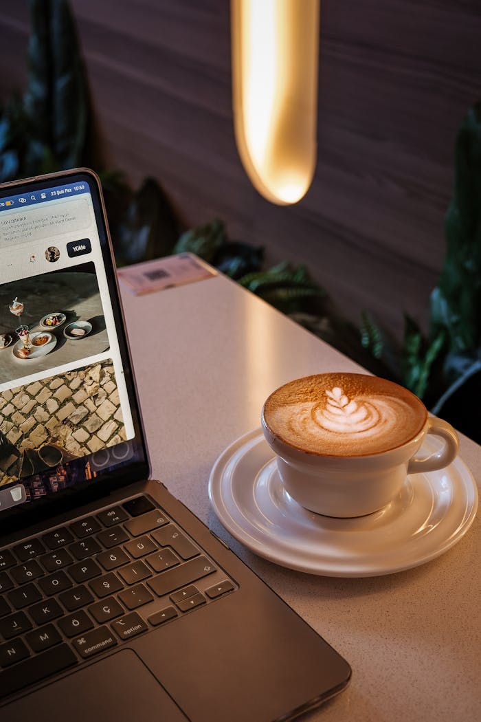 Relaxed work setting with latte art coffee next to laptop on a table.